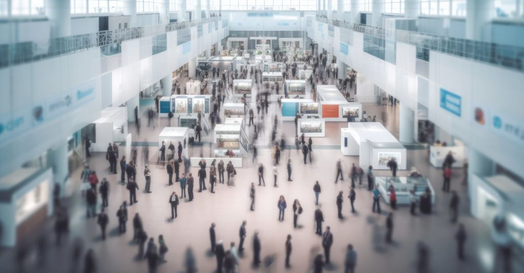 B2B Event Marketing - Background of an expo or convention with blurred individuals